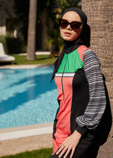 Çizgili Spor Tasarım Tesettür Mayo - Pembe